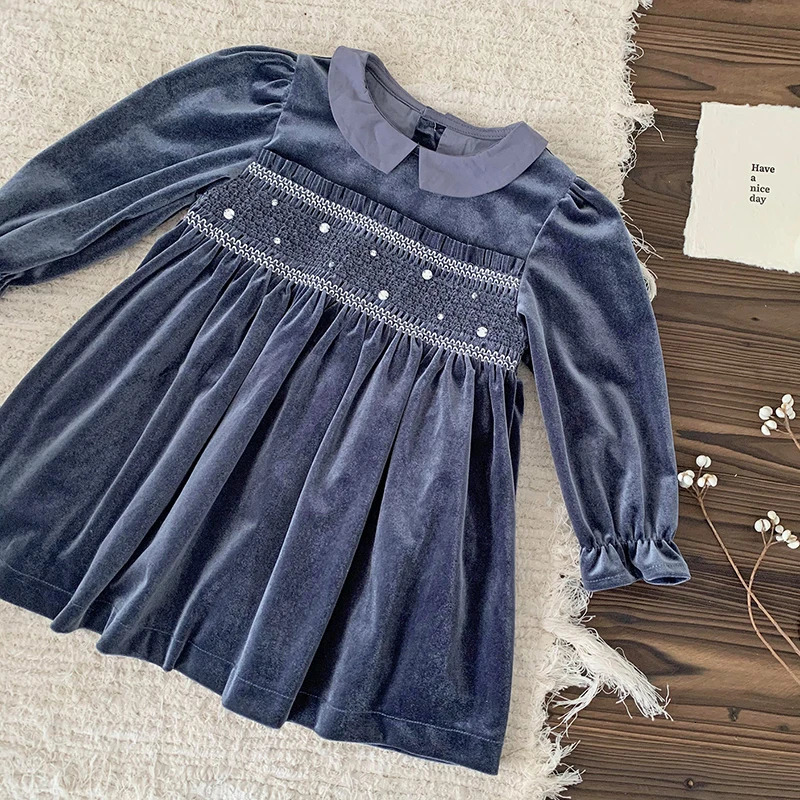 Girls Dress Party Long Sleeve Dress Peter Pan Collar Lace Golden Velvet Loose Dress Embroidery Childrens Clothing Flare Sleeve 250120