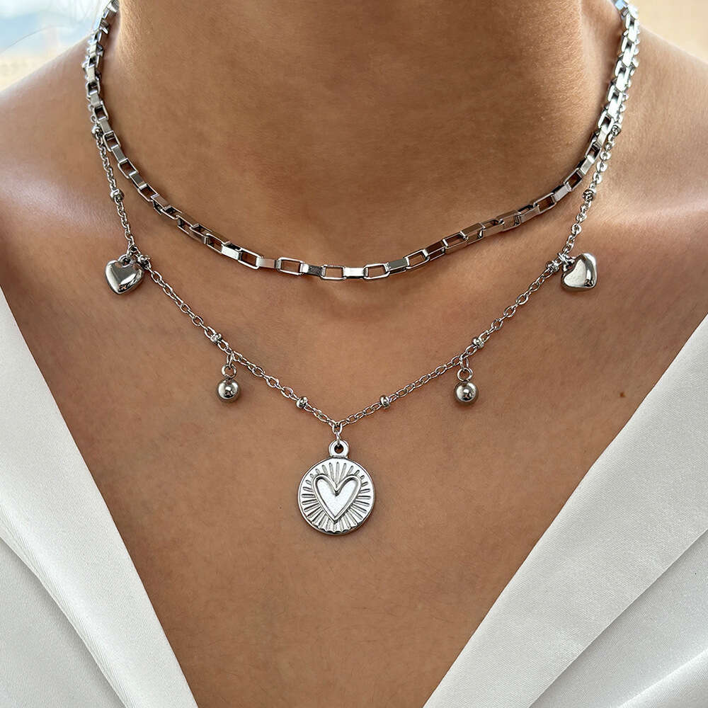 Gold Trend Tag Style Two layer Texture Necklace Simple Personality Stacking Neck Chain