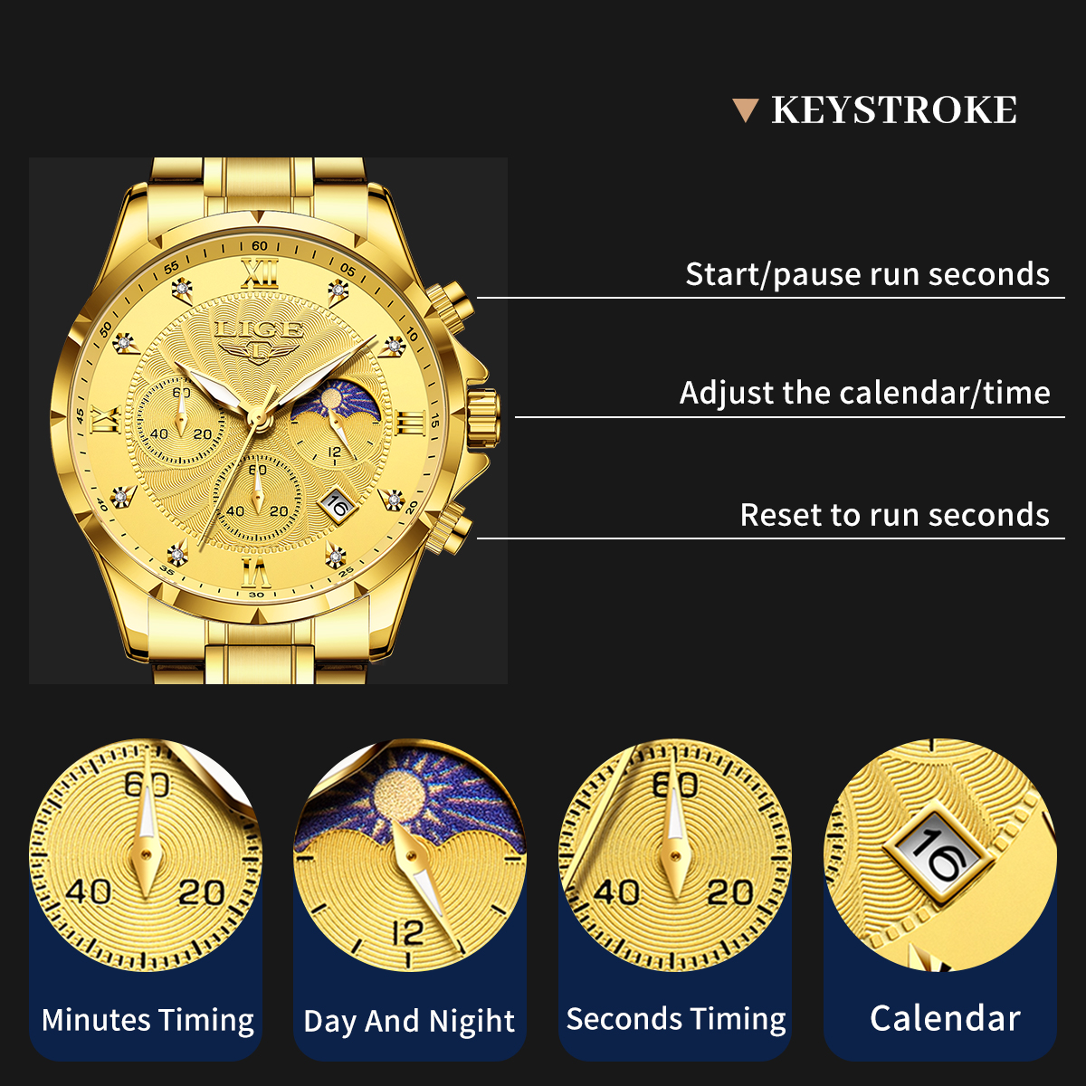 LIGE Fashion Men's Quartz Watch Multi functional Waterproof Calendar Moon Phase Watch Stainless Steel Strap Business Watch