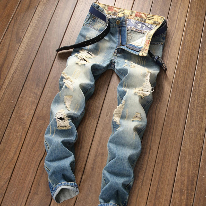 Denim Jeans Retro Straight Plus Size Casual Destroy n Mens Trendy Pants Hole Destroy Beggars Trousers Male 250116
