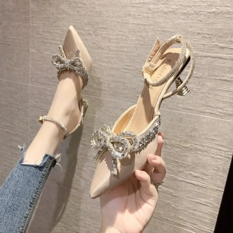 Fashion Rhinestone Fine Heel Sandals Women Cute Pointed Crystal Fairy Wind Bow Tie Diamond High Heels Baotou 250117BJ - view 3