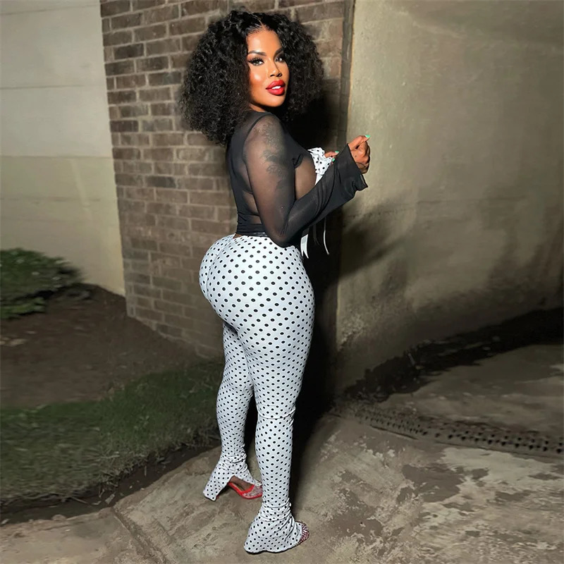 Sexy Mesh See Through Club Night Outfits Women 2 Piece Set Outfit Polka Dot Bow Tie Long Sleeve Top and Split Flare Pants Y2K 250115