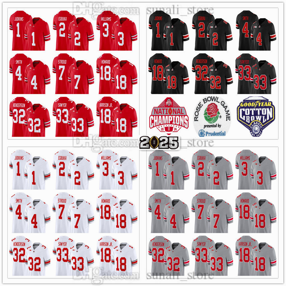 Buckeyes College 2025 Football Jersey 4 Jeremiah Smith 18 Will Howard 32 TreVeyon Henderson 7 CJ Stroud 1 Quinshon Judkins 2 Emeka Egbuka 33 Jack Sawyer Stitched