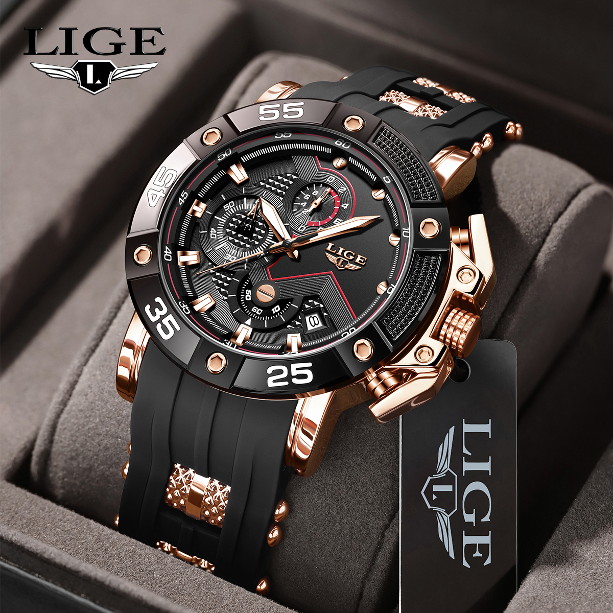 LIGE Business Men's Watch Quartz Watch Chronograph Multi functional Night Light Calendar Sports Waterproof Watch Festival Gift