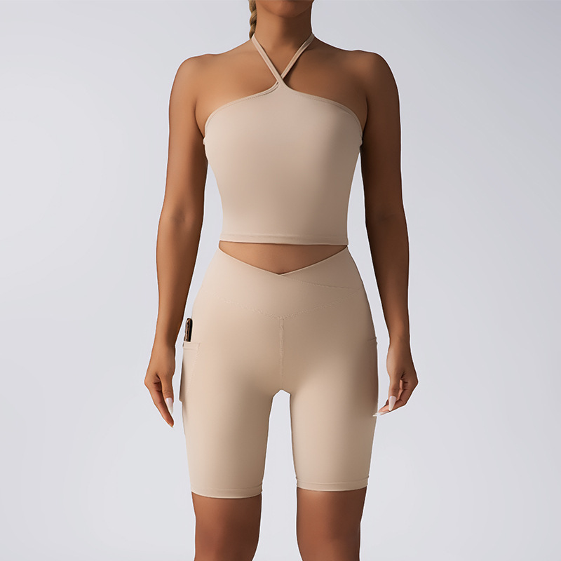 High quality women's casual versatile camisole seamless yoga set bra cross waist peach hip shorts trendy fitness sportswear