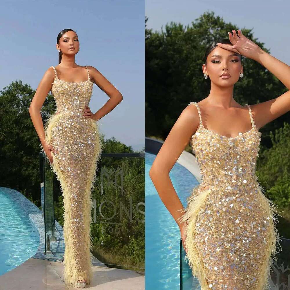 Mermaid Evening Dresses Strapless Feathers Pearls Sequins Sleeveless Custom Ball Party Dress