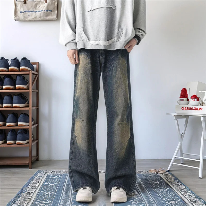 MenS Lightning Pattern Print Straight-Leg Jeans Pants High Street Lengthened Pants American Vibe Micro-Lapped Wide-Leg Pants 250116