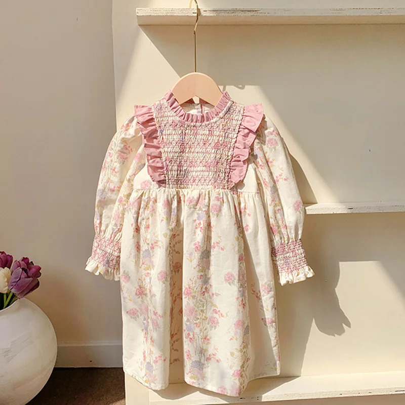 Spring European American Style 2-7Yrs Baby Girl Party Dress Long Sleeved Cotton Floral Printing Kids Princess Dresses 250120