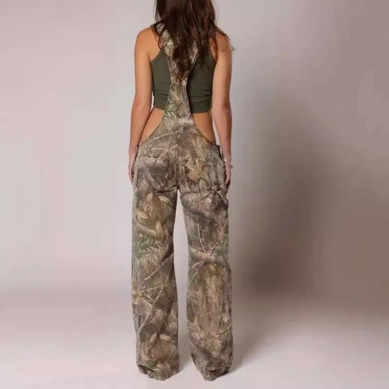 Forest Camouflage Print Cargo Jumpsuit Women Fashion Adjustable Straps Zipper Loose Wide Leg Pants One Piece Overalls Streetwear