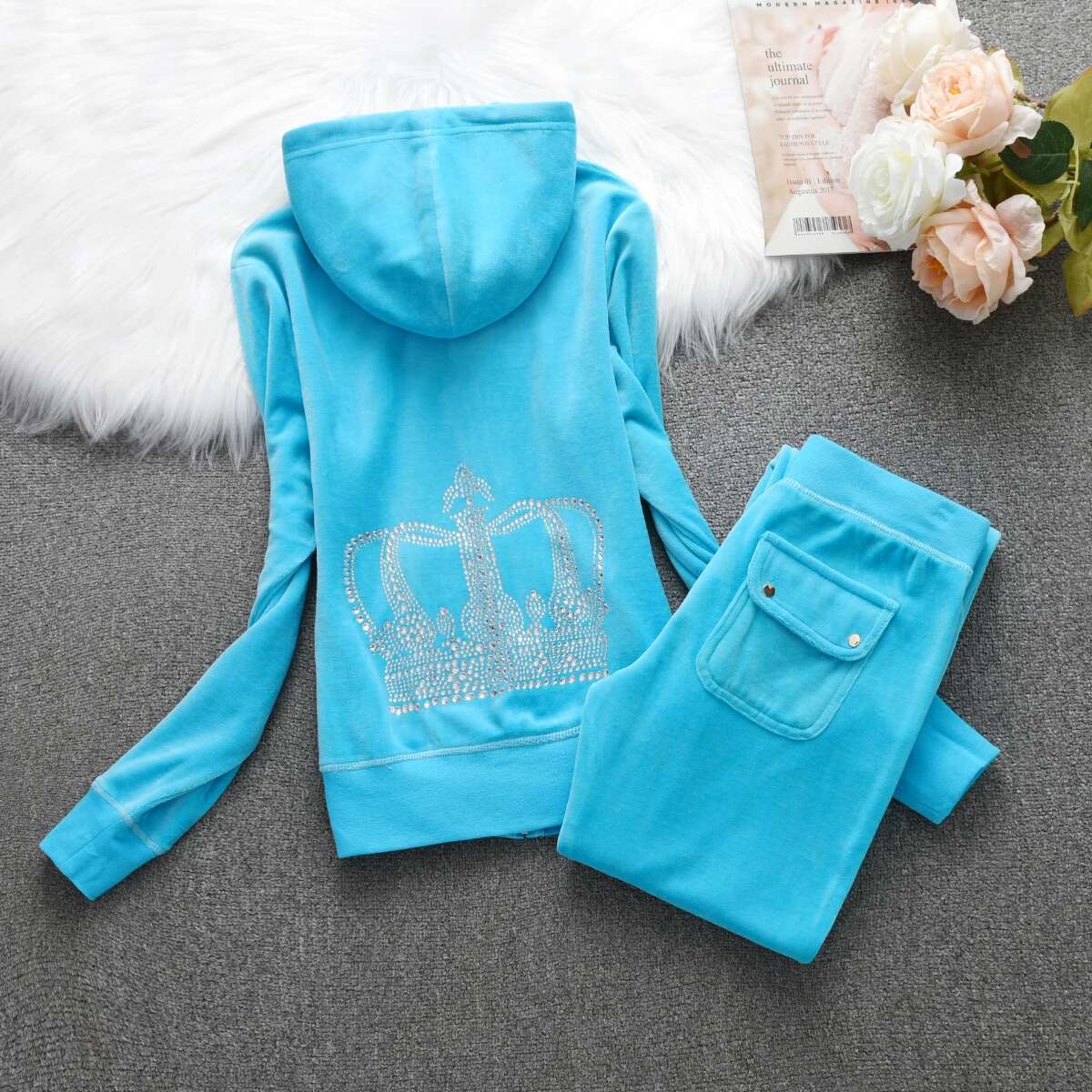 Y2k Veet Tracksuit 2025 Winter Trousers Set Women Solid Color Crown Crystal 3D Trim Hoodiecasual