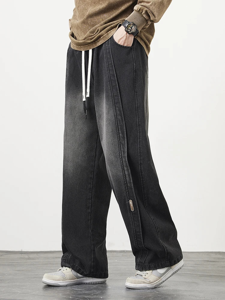 Plus Size Mens Jeans Wide Leg Straight Denim Pants Washed Cotton String Banding Casual Baggy Jean Trousers 6XL 7XL 8XL 250116