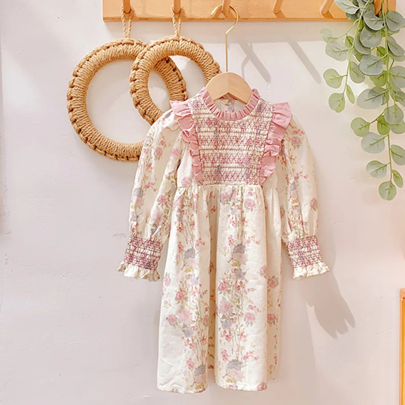 Spring European American Style 2-7Yrs Baby Girl Party Dress Long Sleeved Cotton Floral Printing Kids Princess Dresses 250120