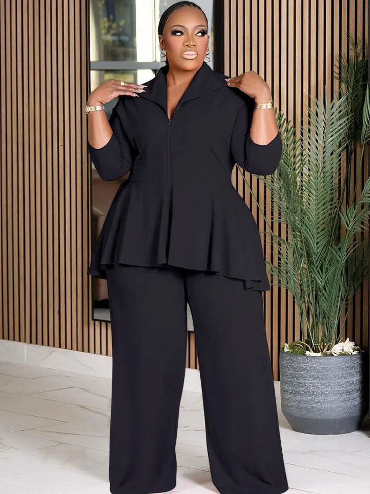 2 Piece Women Sets 2025 Arrival Plus Size Summer Spring Matching Black Top And Pants Suits Outfits Oversized Clothing 250122