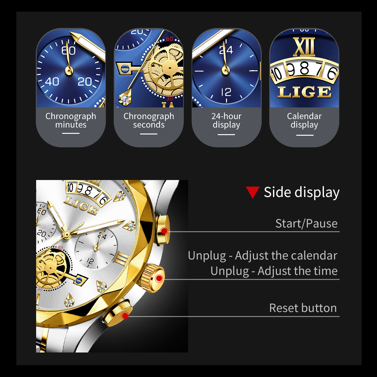 Lige Men's Fashion Business Watch Multi functional Waterproof Calendar Luminous Quartz Watch