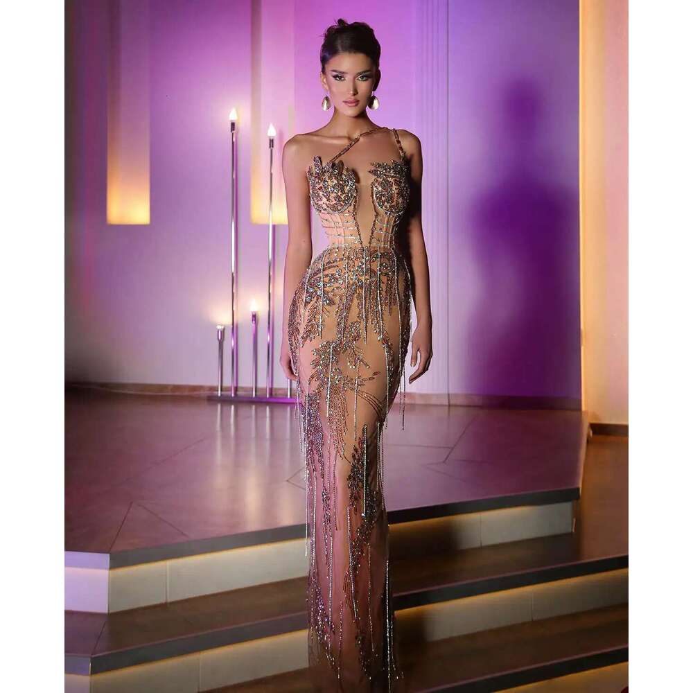 Straight One Shoulder Beads Crystal Lace Sleeveless Evening Ball Gown Party Dress Made to Order