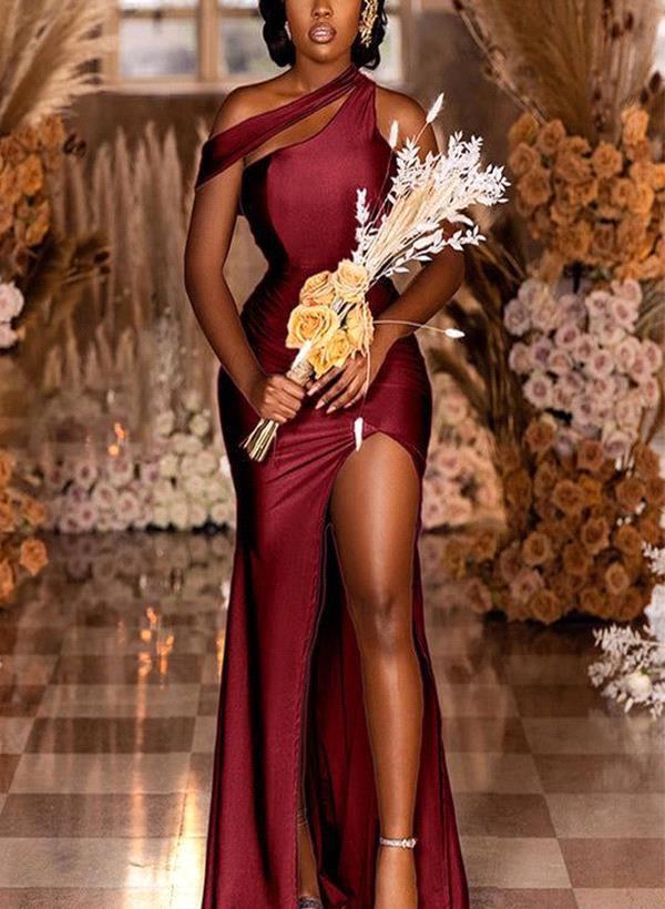 Elegant Satin Mermaid Bridesmaid Dresses Off Shoulder Ruched Side Split Court Train Women Wedding Guest Party Dresses BC19148 0123