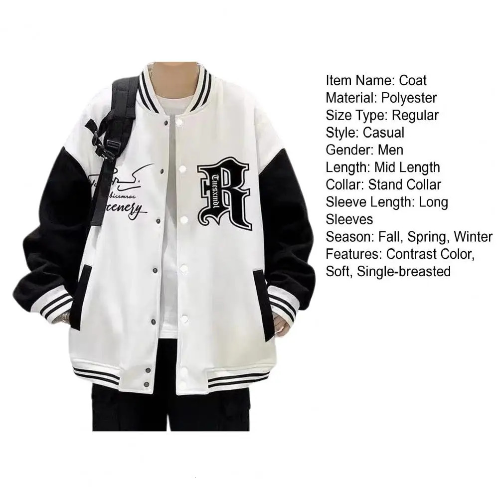 Letter Print Men Baseball Coat Fall Winter Stand Collar Loose High Street Style Elastic Striped Cuff Color Matching Men Jacket 250116
