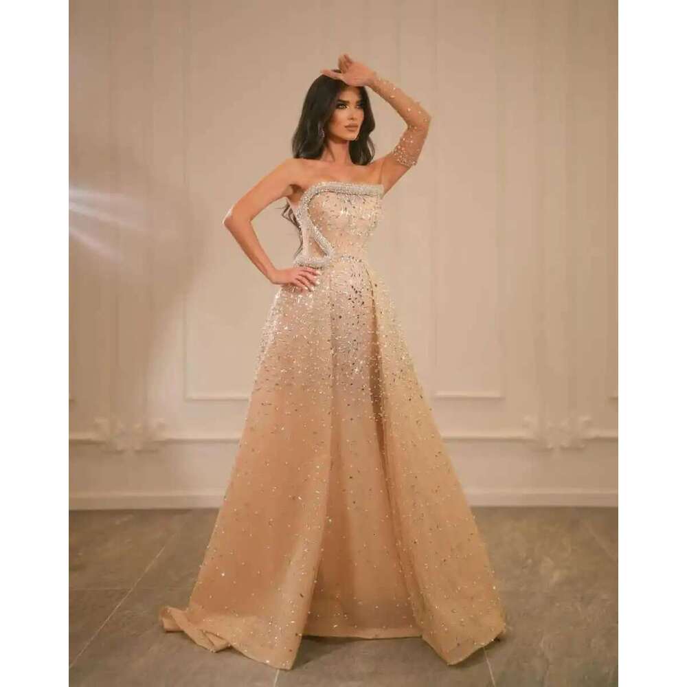 Mermaid Evening Dresses Strapless Beads Crystals Sleeveless Pearls Custom Ball Party Dress 6660311