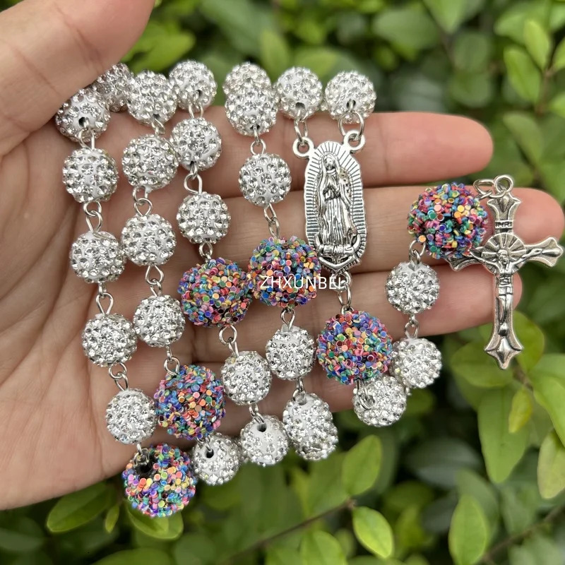 Hip Hop 10mm rhinestone cluster rose necklace disco ball bead pendant Catholic Guadalupe Virgin Prayer Rose 250109