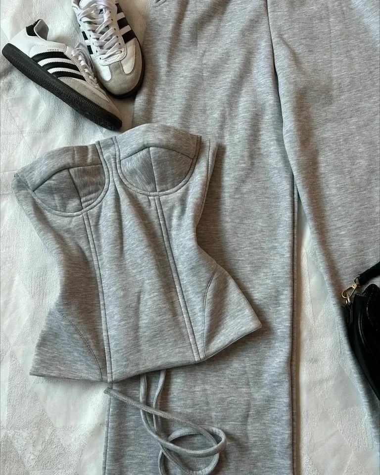 Y2k Pants Two Piece Set Womens Fashion Harajuku Sexy Slim Tube Tops Gothic High Waisted Sweatpants Girl Autumn Winter Suit 250108