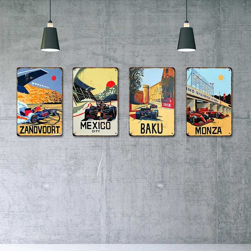 High Quality Vintage F1 Neon City Comic Watercolor Racing Car Metal Poster Tin Sign Wall Art Racer Plate Aesthetic Motorsport Decoration T250118