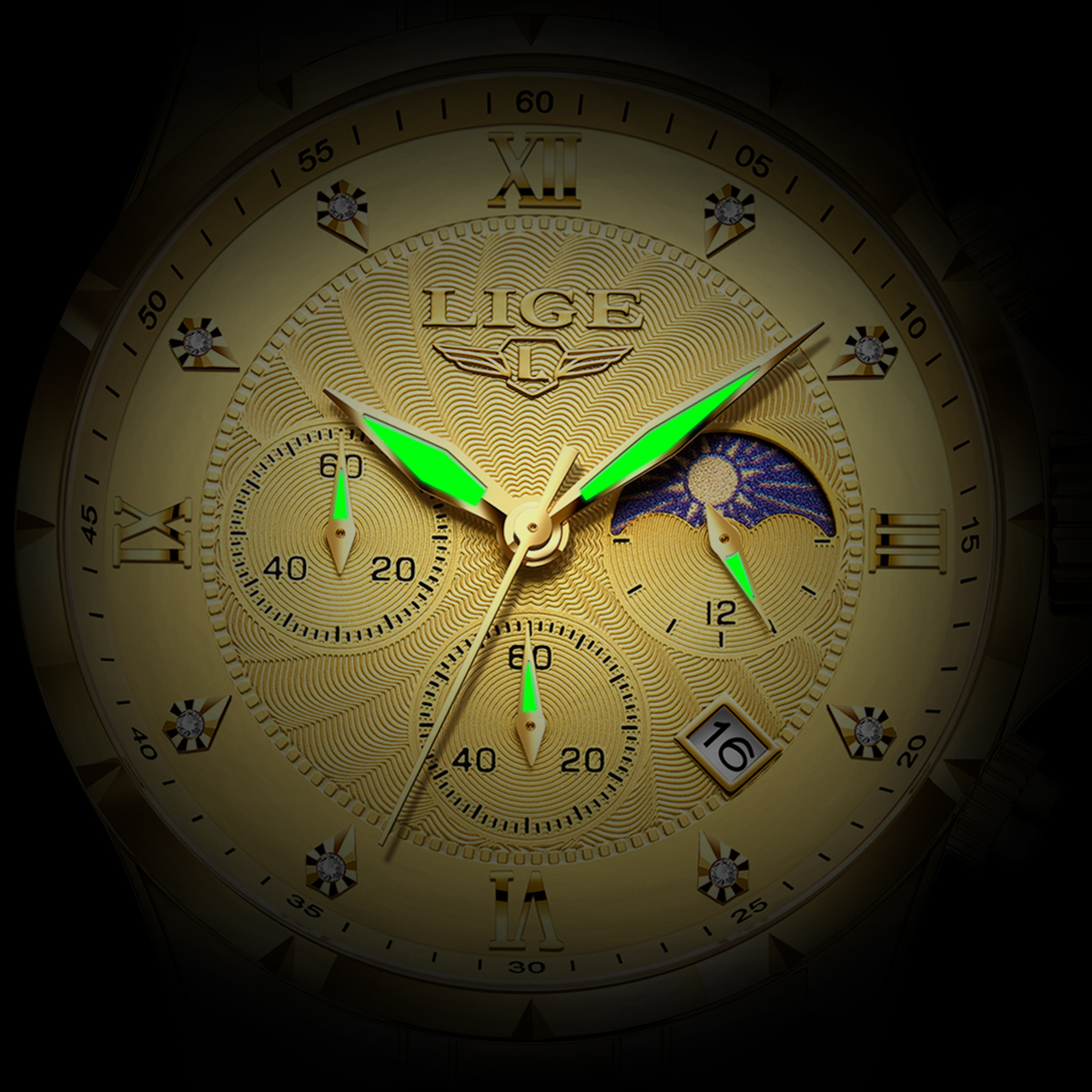 LIGE Fashion Men's Quartz Watch Multi functional Waterproof Calendar Moon Phase Watch Stainless Steel Strap Business Watch
