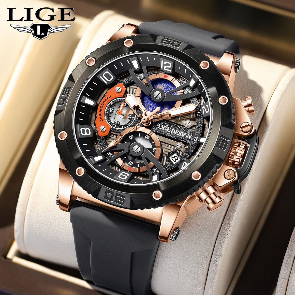 Lige's new sports watch, casual men's watch, waterproof calendar, quartz watch, multifunctional night light men's watch
