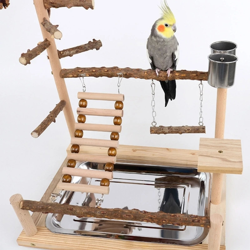 Pet Parrot Playstand Parrots Bird Playground Bird Plays Stand Wooden Perch Playground Ladder with Steel Feeder Plate 250117