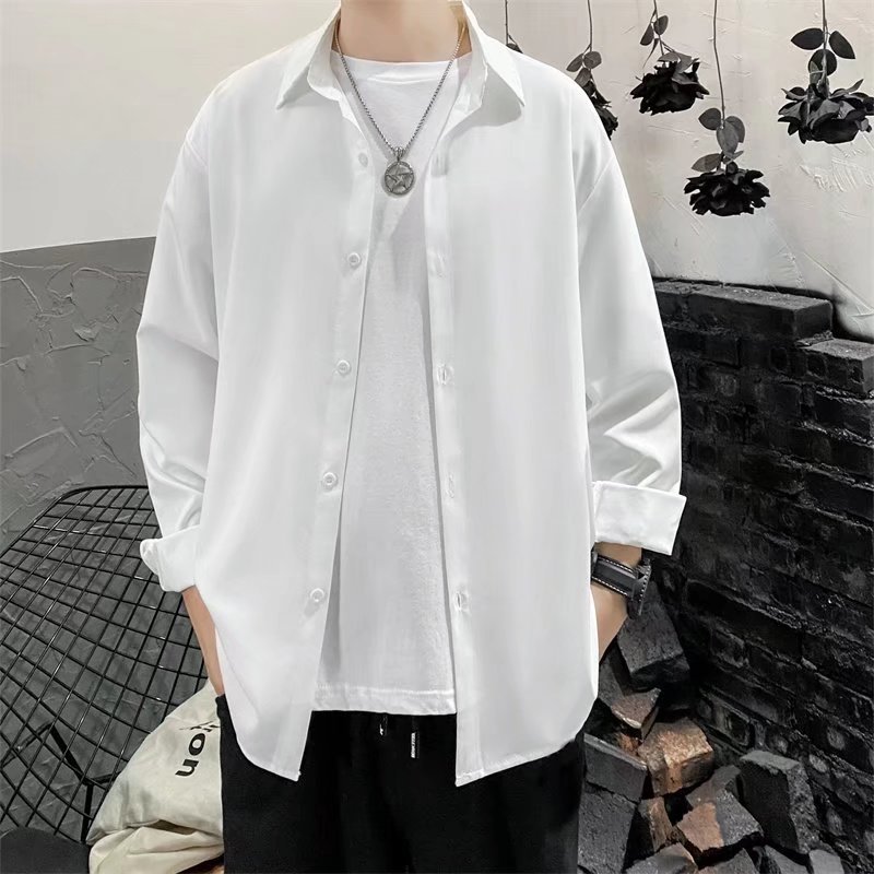 P122Handsome Korean Inspired Men's Suit Top - Solid Color Long Sleeve Shirt for All Seasons