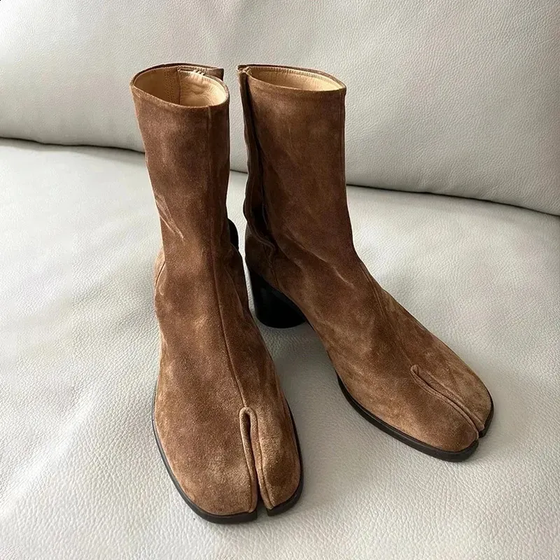 2024 Autumn Winter Soft Leather Split Toe Tabi Womens Ankle Fashion High Heels Thick Shoes Short Boots 240930 250213