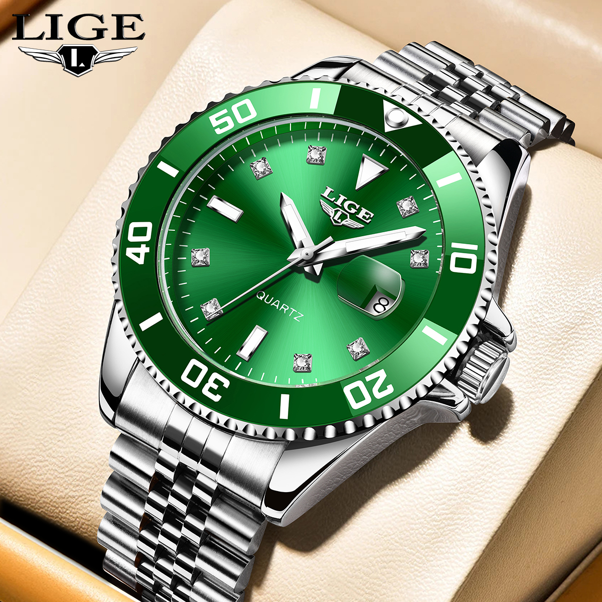 LIGE Fashion Business Quartz Watch Men's Watch Waterproof Calendar Luminous Steel Strip Watch