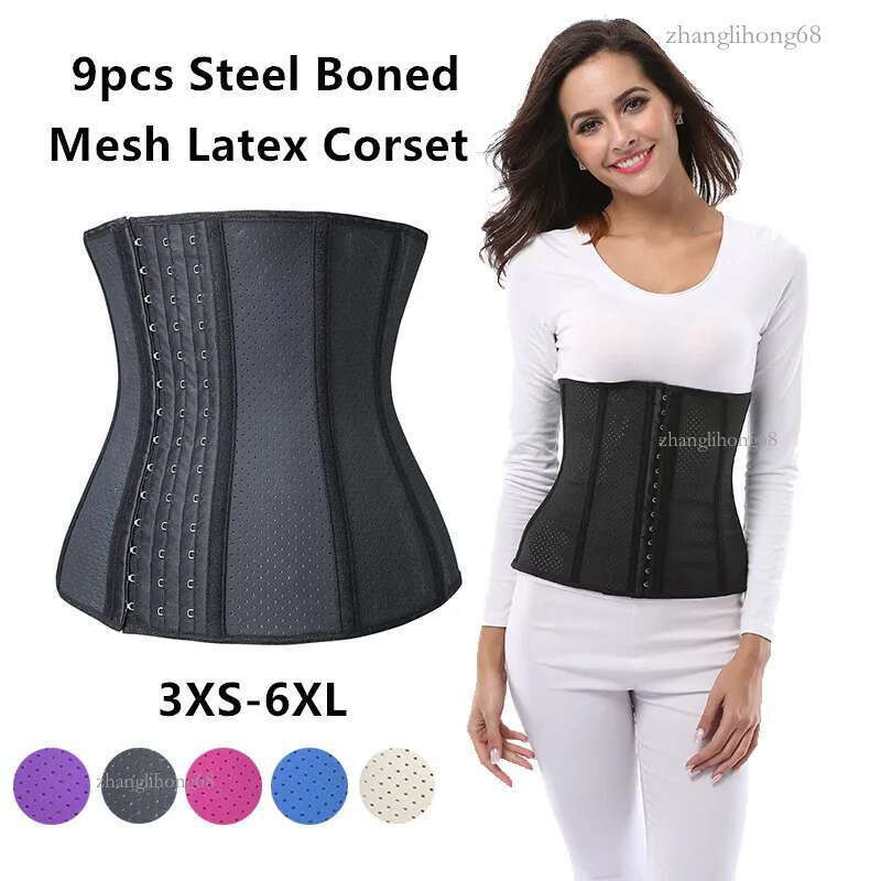 Short Torso 9pc-Steel Boned Mesh Underbust Waist Training Latex Corset for Weight Loss Cincher Shaper Women Postpartum Recovery 3XS-6XL