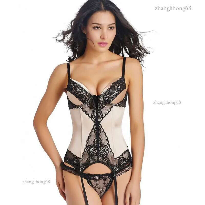 Women Underwire Cup Black Contrast Lace Overbust Bustier Corset Sexy Girdle Blush Lacy Lingerie Like Waist Cincher with Garter Belt