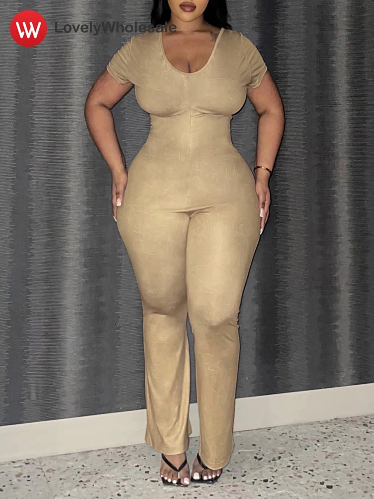 LW Plus Size Flared Jumpsuits for Women Autumn Casual Short Sleeve V Neck Zipper Skinny Trousers Large Size Full Jumpsuit Woman 250113