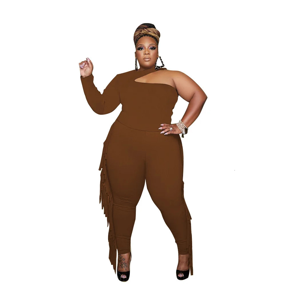 WSFEC L5XL 2023 Fall Plus Size Pant Suits Two Piece Set Clothing Long Sleeve Irrgular Tassel Casual Trend Female Outfits 250122