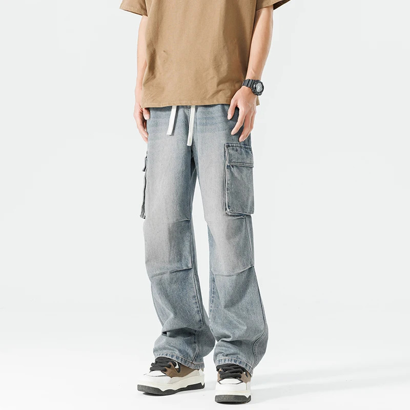 Mens casual loose hip hop denim work pants jeans with cargo pockets 250116