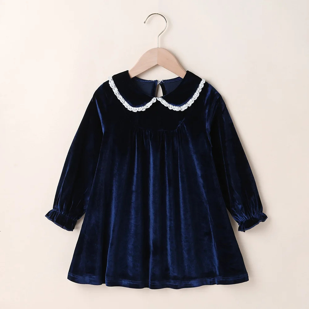 Autumn Winter Dress Long Sleeve Peter Pan Collar Lace Velvet Green Black Cute Sweet Baby Girls Dress Vestidos 2-6T 250120