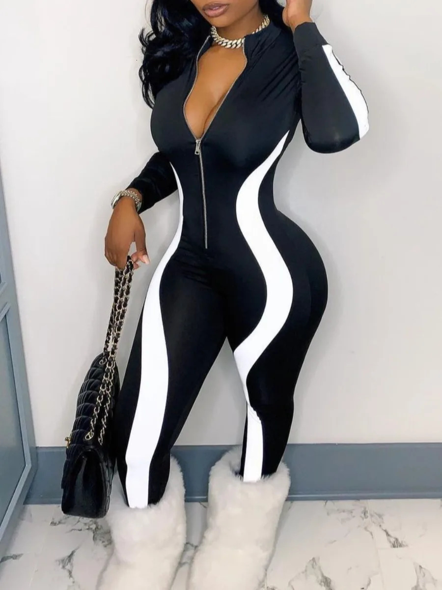 LW Basic Plus Size Striped Zipper Jumpsuit Womens Clothing Fall Casual Patchwork V Neck Long Sleeve One Pieces Outfit 250113