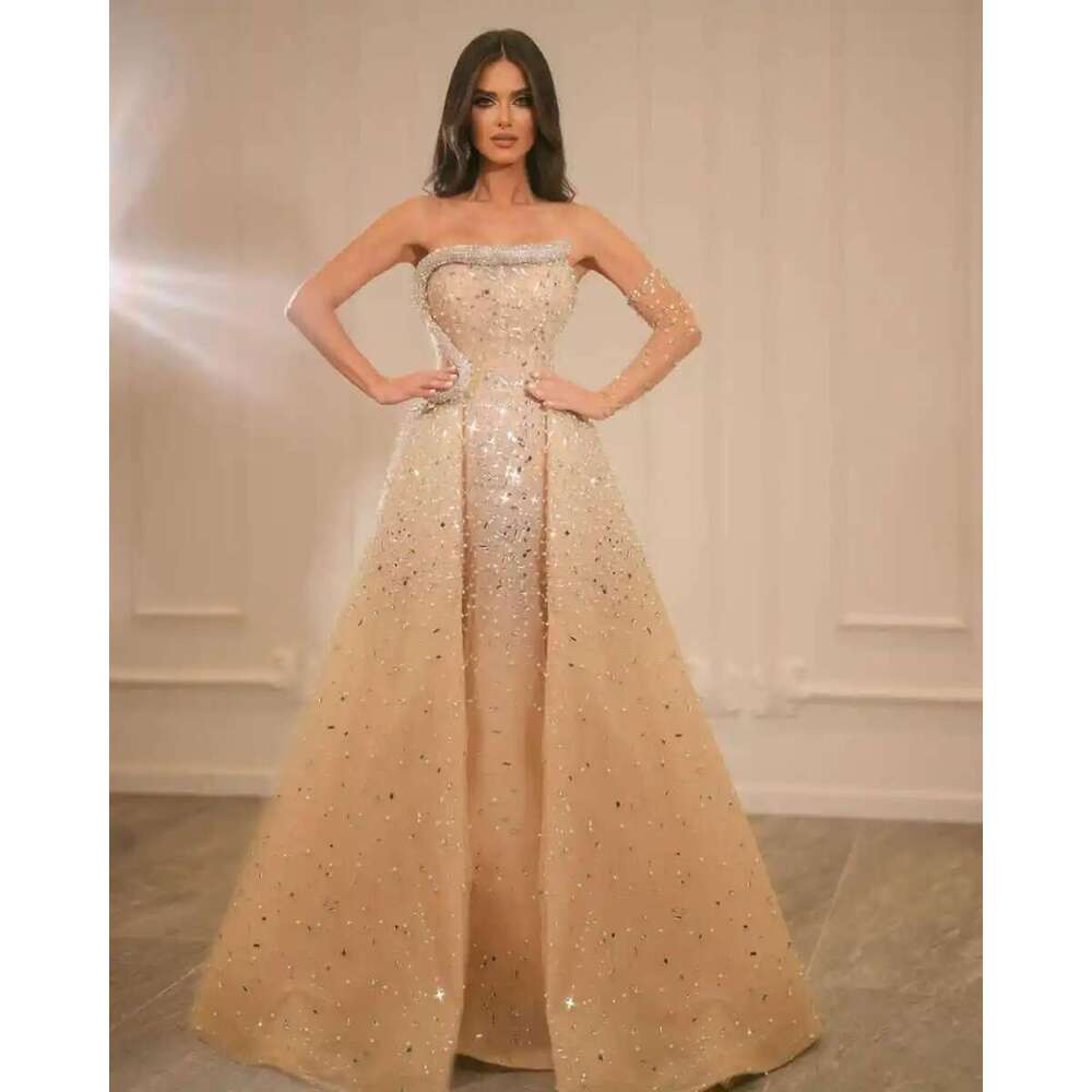 Mermaid Evening Dresses Strapless Beads Crystals Sleeveless Pearls Custom Ball Party Dress 6660311
