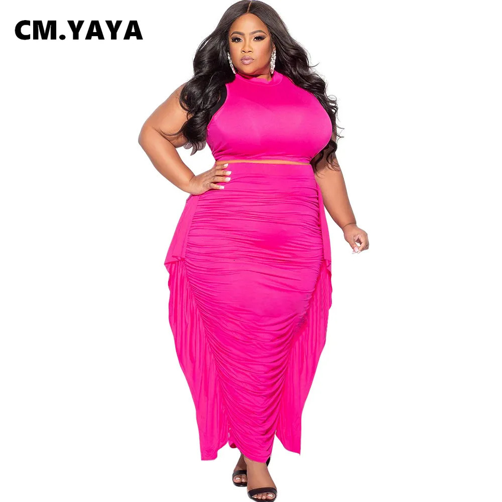CMYAYA Plus Size Elegant Women Two 2 Piece Set Outfits 2024 Summer Tshirt Long Skirts Suits Casual Ruffles Fitness Tracksuit 250122