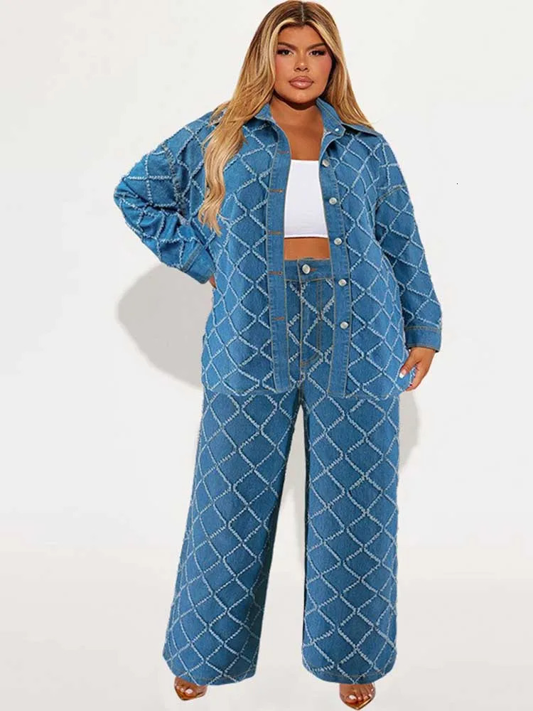 Cowboy 2piece womens jeans and jacket winter casual set long sleeved denim plain pants plus size clothing 250122