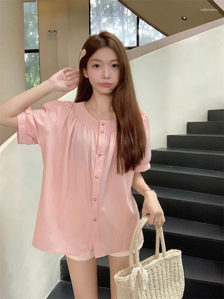 Women's Blouses 2025 Real Spot Plus-size Slightly Fat Pleated Short-sleeved Shirt Summer Single Breasted Loose Slimming Top
