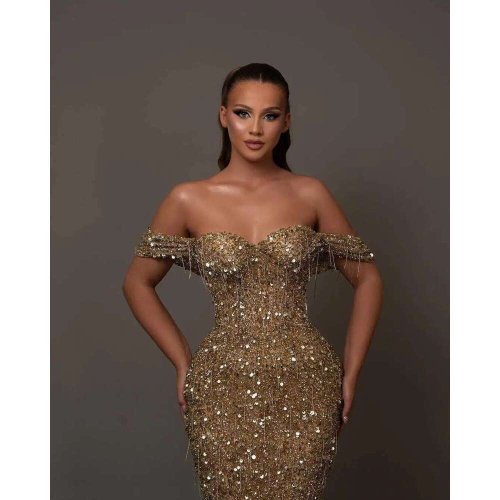 Shiny evening dresses mermaid off shoulder strapless sequins beads prom custom party dress
