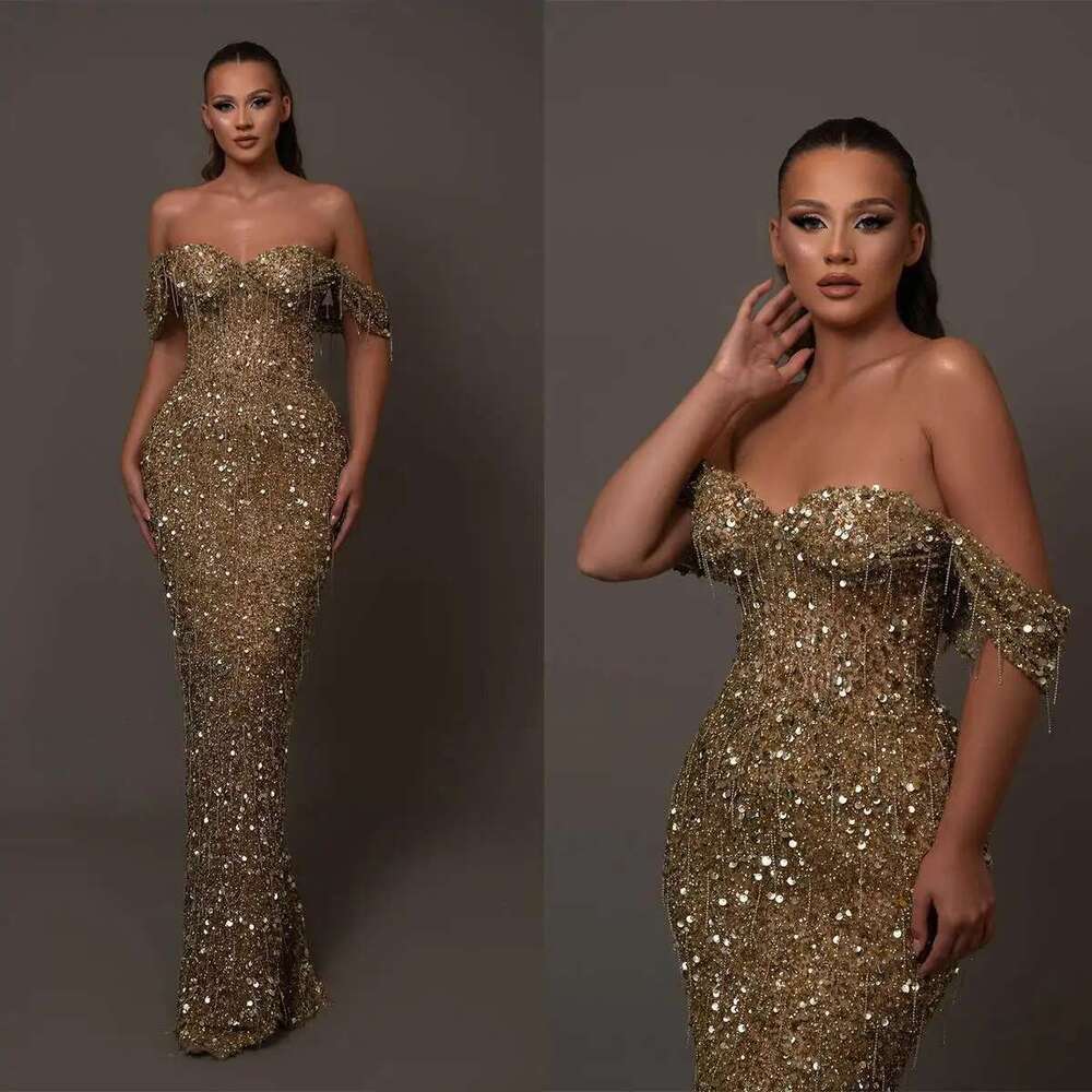 Shiny evening dresses mermaid off shoulder strapless sequins beads prom custom party dress