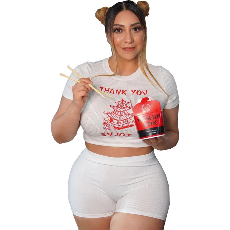 Summer plus size womens clothing twopiece wholesale tight fitting set Oneck Tshirt and shorts direct 250122