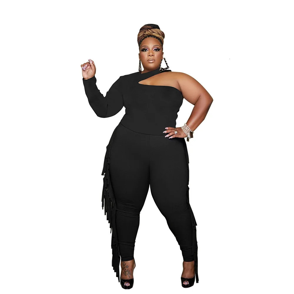 WSFEC L5XL 2023 Fall Plus Size Pant Suits Two Piece Set Clothing Long Sleeve Irrgular Tassel Casual Trend Female Outfits 250122
