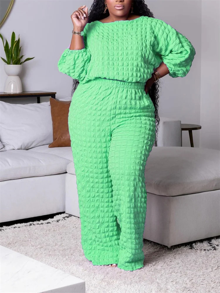 Wmstar Plus size twopiece womens autumn clothing solid long sleeved top and pants wide leg wholesale jump 250122