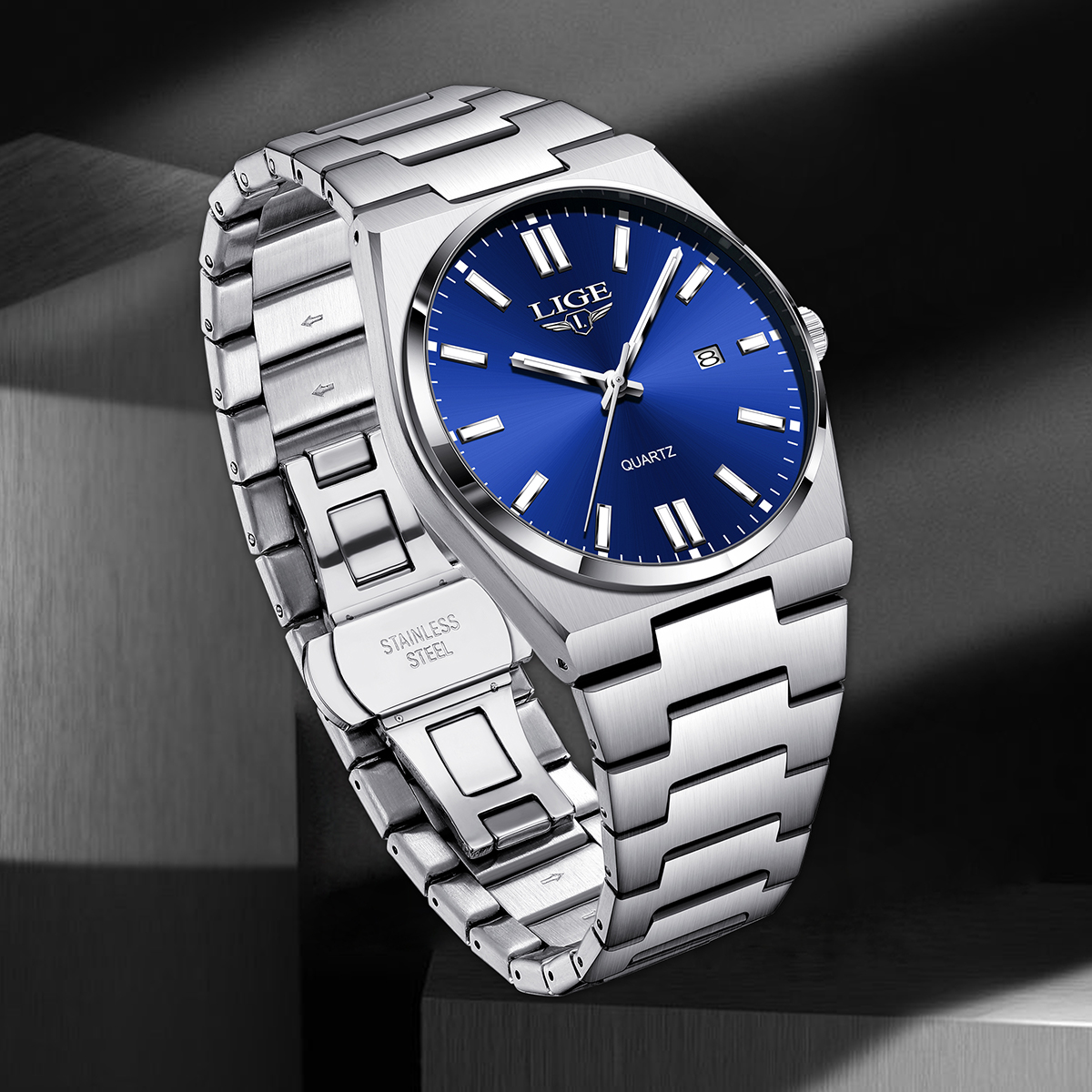 LIGE fashionable and simple men's quartz watch new stainless steel strap large dial watch multifunctional calendar night light business watch