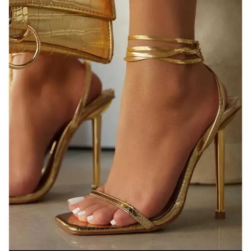 Womens Sandals High Heels Sexy Gold Padlock High Heel Sandals Thin Single Strap Metal Thin