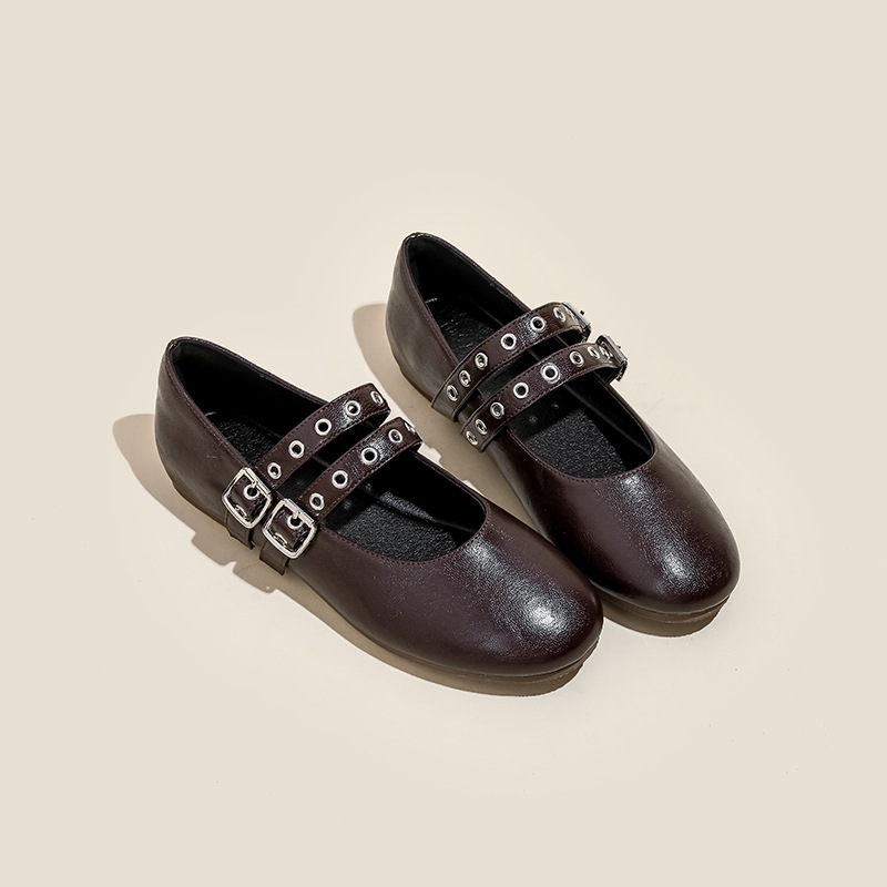 Antique Mary Jane women's shoes soft leather low heel shoes 2025 new line buckle big size 42